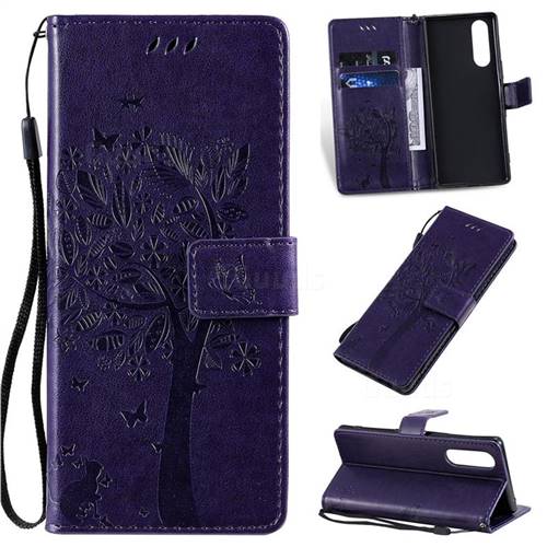Embossing Butterfly Tree Leather Wallet Case for Sony Xperia 5 / Xperia XZ5 - Purple