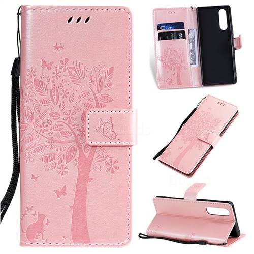 Embossing Butterfly Tree Leather Wallet Case for Sony Xperia 5 / Xperia XZ5 - Rose Pink