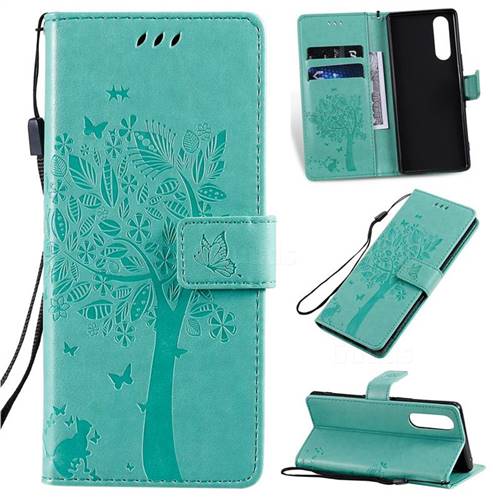 Embossing Butterfly Tree Leather Wallet Case for Sony Xperia 5 / Xperia XZ5 - Cyan