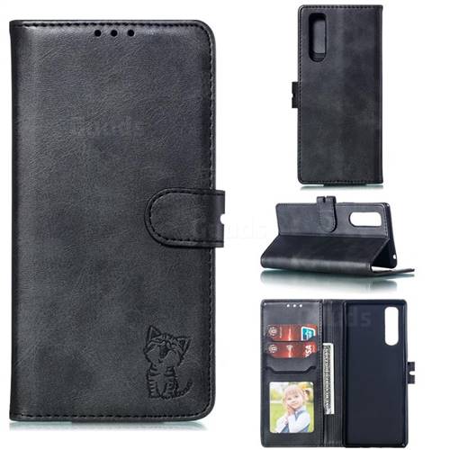 Embossing Happy Cat Leather Wallet Case for Sony Xperia 5 / Xperia XZ5 - Black