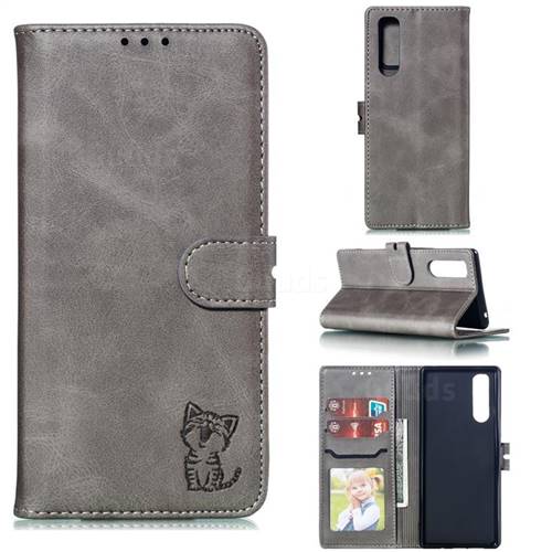 Embossing Happy Cat Leather Wallet Case for Sony Xperia 5 / Xperia XZ5 - Gray