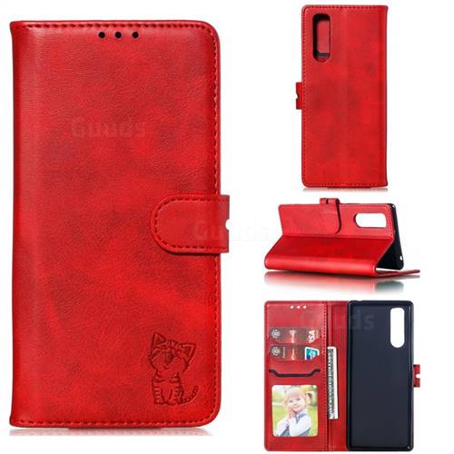 Embossing Happy Cat Leather Wallet Case for Sony Xperia 5 / Xperia XZ5 - Red