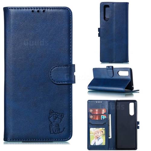 Embossing Happy Cat Leather Wallet Case for Sony Xperia 5 / Xperia XZ5 - Blue