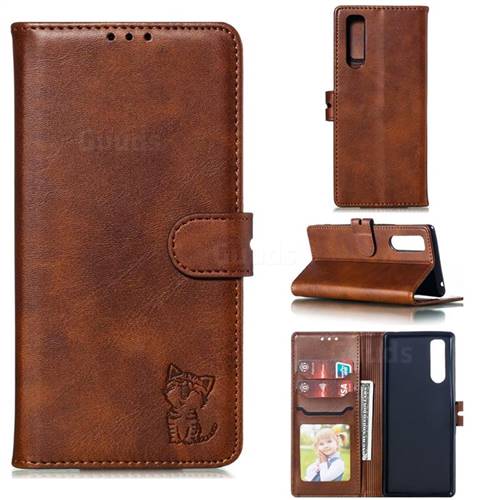 Embossing Happy Cat Leather Wallet Case for Sony Xperia 5 / Xperia XZ5 - Brown