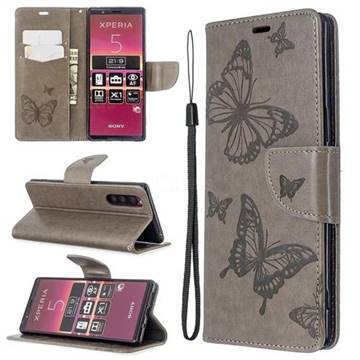 Embossing Double Butterfly Leather Wallet Case for Sony Xperia 5 / Xperia XZ5 - Gray