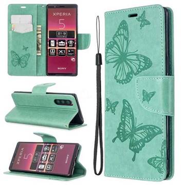 Embossing Double Butterfly Leather Wallet Case for Sony Xperia 5 / Xperia XZ5 - Green