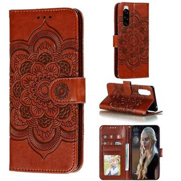 Intricate Embossing Datura Solar Leather Wallet Case for Sony Xperia 5 / Xperia XZ5 - Brown