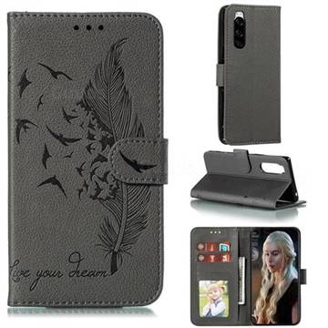 Intricate Embossing Lychee Feather Bird Leather Wallet Case for Sony Xperia 5 / Xperia XZ5 - Gray