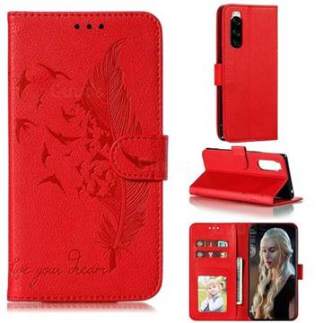 Intricate Embossing Lychee Feather Bird Leather Wallet Case for Sony Xperia 5 / Xperia XZ5 - Red