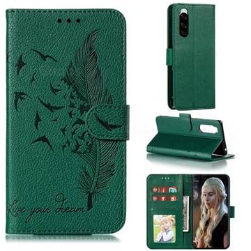 Intricate Embossing Lychee Feather Bird Leather Wallet Case for Sony Xperia 5 / Xperia XZ5 - Green