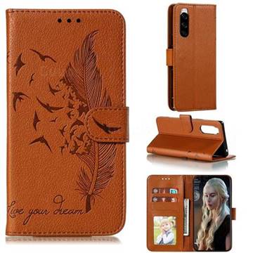 Intricate Embossing Lychee Feather Bird Leather Wallet Case for Sony Xperia 5 / Xperia XZ5 - Brown