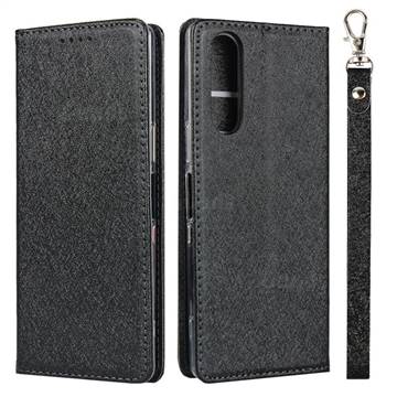 Ultra Slim Magnetic Automatic Suction Silk Lanyard Leather Flip Cover for Sony Xperia 5 / Xperia XZ5 - Black
