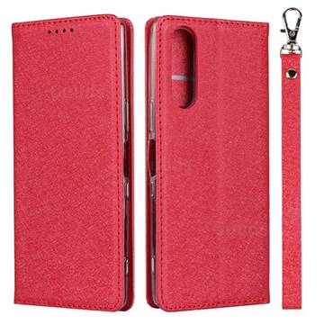 Ultra Slim Magnetic Automatic Suction Silk Lanyard Leather Flip Cover for Sony Xperia 5 / Xperia XZ5 - Red