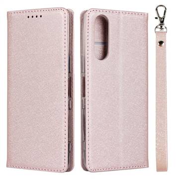 Ultra Slim Magnetic Automatic Suction Silk Lanyard Leather Flip Cover for Sony Xperia 5 / Xperia XZ5 - Rose Gold
