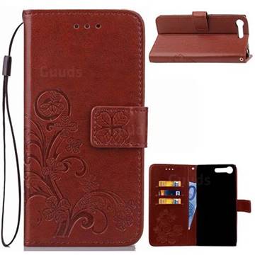 Embossing Imprint Four-Leaf Clover Leather Wallet Case for Sony Xperia XZ Premium XZP - Brown