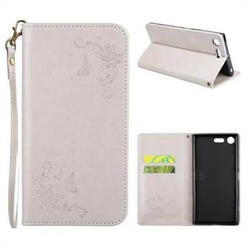 Intricate Embossing Slim Butterfly Rose Leather Holster Case for Sony Xperia XZ Premium XZP - Grey