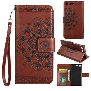 Embossing Half Mandala Flower Leather Wallet Case for Sony Xperia XZ Premium XZP - Brown