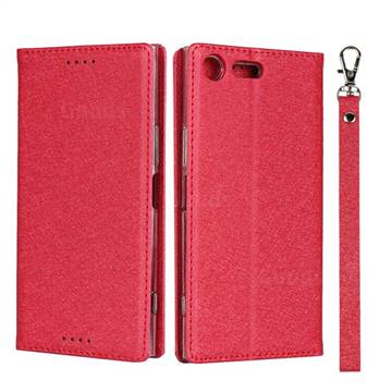 Ultra Slim Magnetic Automatic Suction Silk Lanyard Leather Flip Cover for Sony Xperia XZ Premium XZP - Red