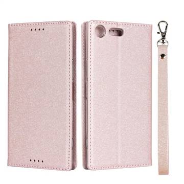 Ultra Slim Magnetic Automatic Suction Silk Lanyard Leather Flip Cover for Sony Xperia XZ Premium XZP - Rose Gold