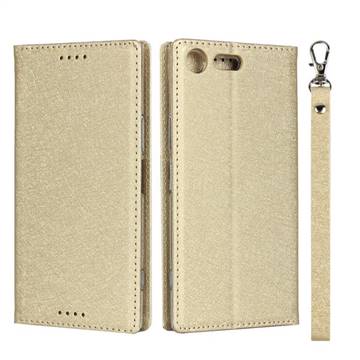 Ultra Slim Magnetic Automatic Suction Silk Lanyard Leather Flip Cover for Sony Xperia XZ Premium XZP - Golden