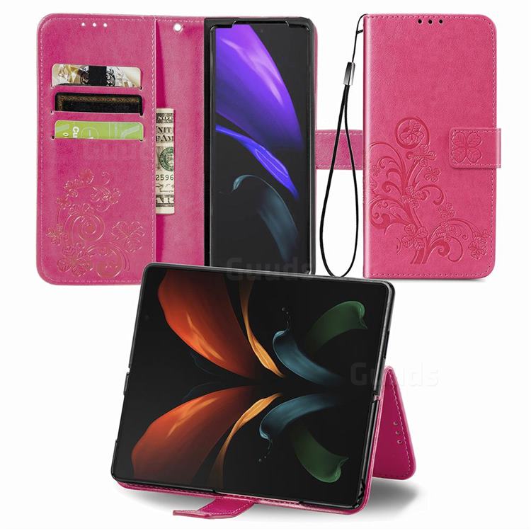Embossing Imprint Four-Leaf Clover Leather Wallet Case for Samsung Galaxy Z Fold2 SM-F9160 - Rose Red