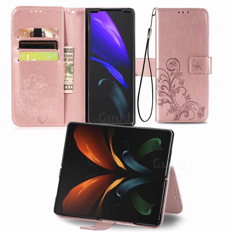 Embossing Imprint Four-Leaf Clover Leather Wallet Case for Samsung Galaxy Z Fold2 SM-F9160 - Rose Gold