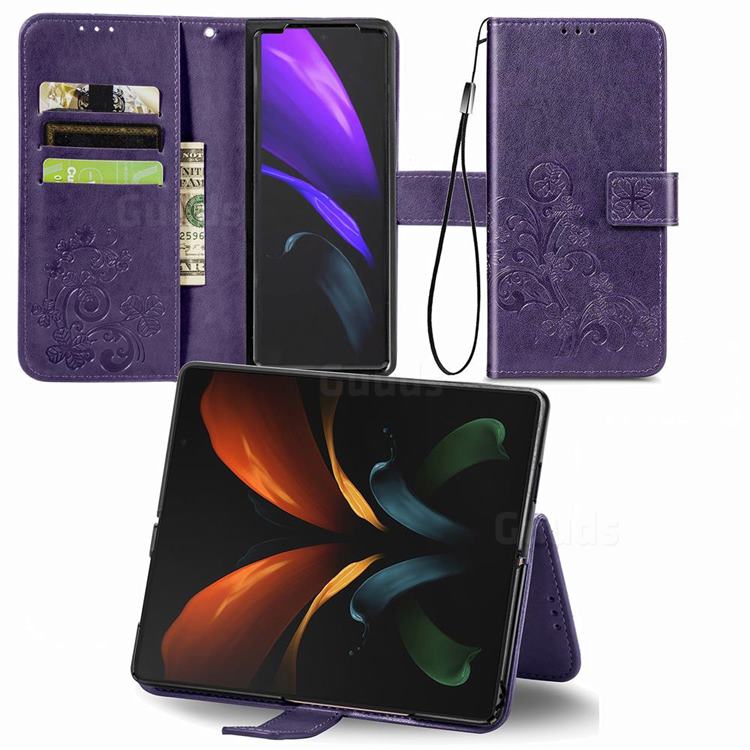 Embossing Imprint Four-Leaf Clover Leather Wallet Case for Samsung Galaxy Z Fold2 SM-F9160 - Purple