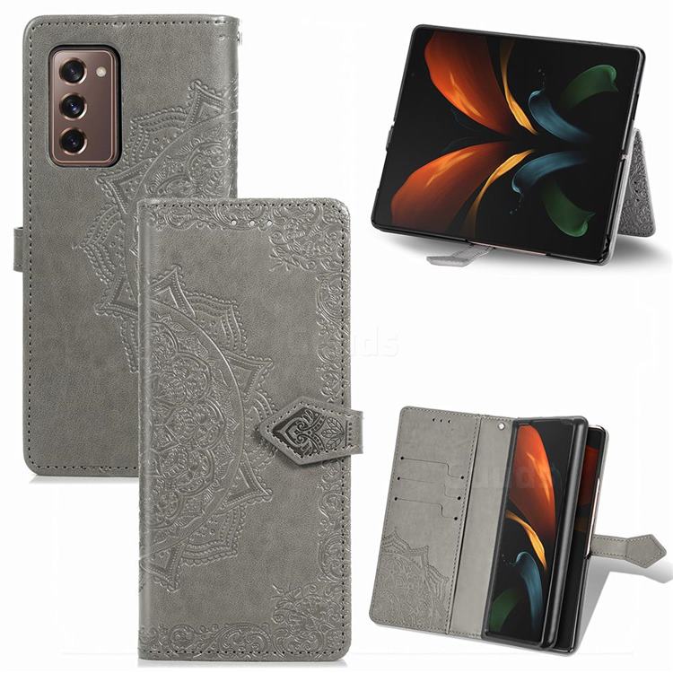 Embossing Imprint Mandala Flower Leather Wallet Case for Samsung Galaxy Z Fold2 SM-F9160 - Gray