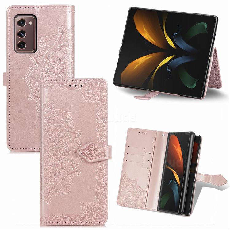 Embossing Imprint Mandala Flower Leather Wallet Case for Samsung Galaxy Z Fold2 SM-F9160 - Rose Gold