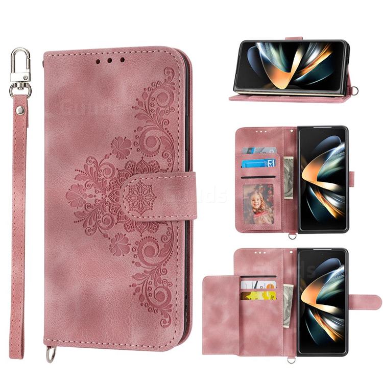 Skin Feel Embossed Lace Flower Multiple Card Slots Leather Wallet Phone Case for Samsung Galaxy Z Fold3 5G - Pink