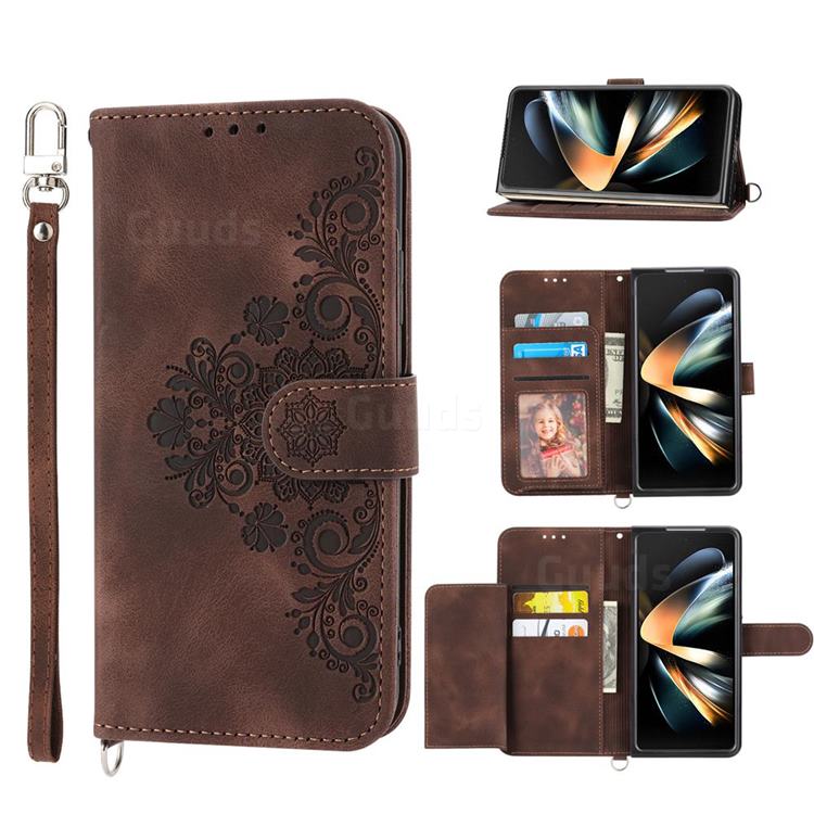 Skin Feel Embossed Lace Flower Multiple Card Slots Leather Wallet Phone Case for Samsung Galaxy Z Fold3 5G - Brown