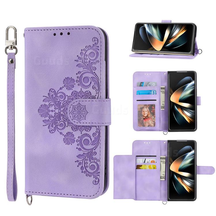 Skin Feel Embossed Lace Flower Multiple Card Slots Leather Wallet Phone Case for Samsung Galaxy Z Fold4 - Purple