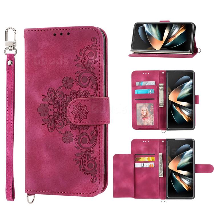 Skin Feel Embossed Lace Flower Multiple Card Slots Leather Wallet Phone Case for Samsung Galaxy Z Fold4 - Claret Red