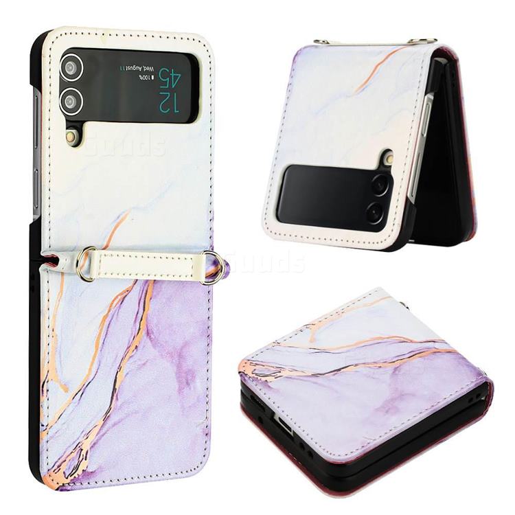 Purple White Marble Leather Wallet Protective Case for Samsung Galaxy Z Flip3 5G