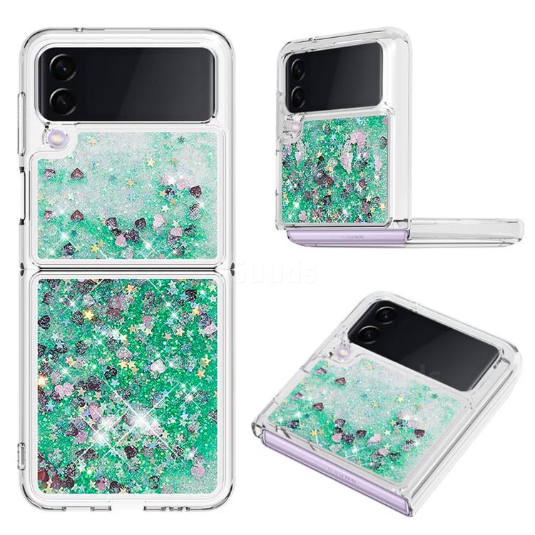 Dynamic Liquid Glitter Sand Quicksand TPU Case for Samsung Galaxy Z Flip3 5G - Green Love Heart