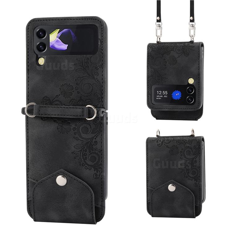 Skin Feel Embossed Lace Flower Multiple Card Slots Leather Wallet Phone Case for Samsung Galaxy Z Flip3 5G - Black