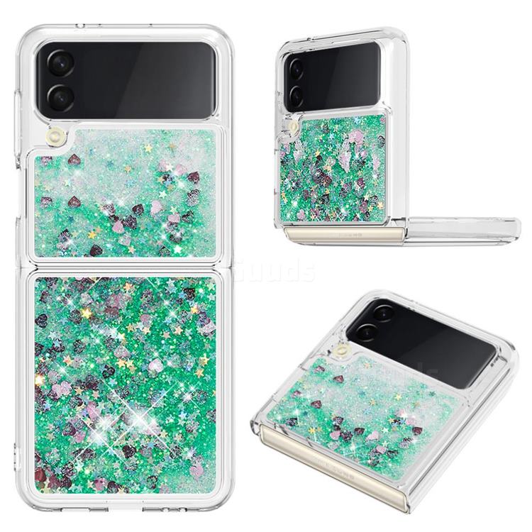 Dynamic Liquid Glitter Sand Quicksand TPU Case for Samsung Galaxy Z Flip4 - Green Love Heart