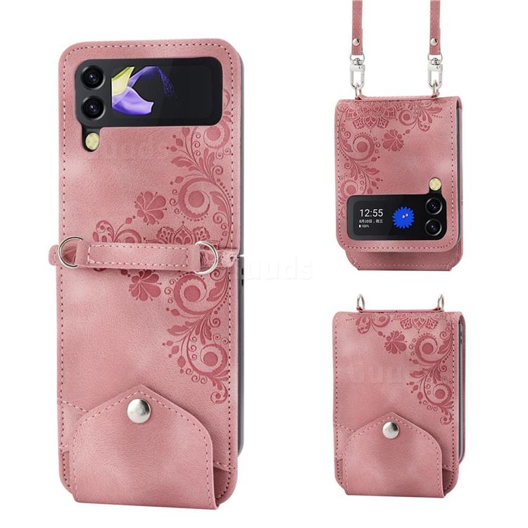 Skin Feel Embossed Lace Flower Multiple Card Slots Leather Wallet Phone Case for Samsung Galaxy Z Flip4 - Pink