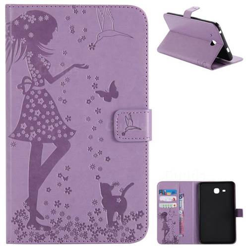 Embossing Flower Girl Cat Leather Flip Cover for Samsung Galaxy Tab A 7.0 (2016) T280 T285 - Purple