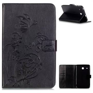 Embossing Butterfly Flower Leather Wallet Case for Samsung Galaxy Tab E 8.0 T375 T377 - Black
