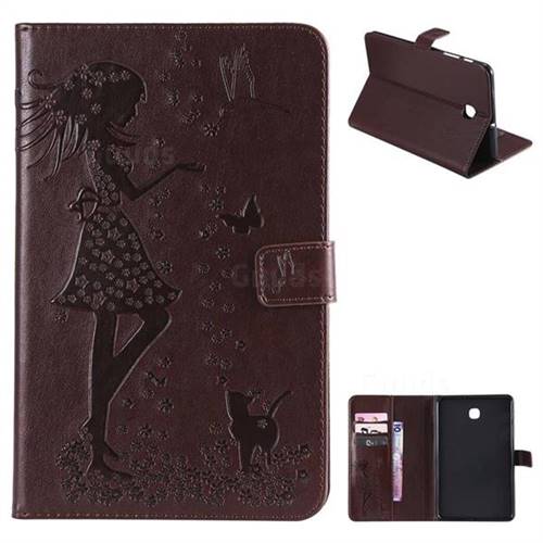 Embossing Flower Girl Cat Leather Flip Cover for Samsung Galaxy Tab A 8.0(2018) T387 - Brown