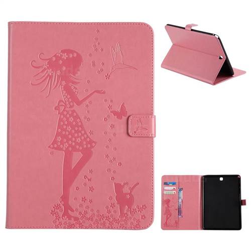 Embossing Flower Girl Cat Leather Flip Cover for Samsung Galaxy Tab A 9.7 T550 T555 - Pink