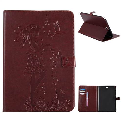 Embossing Flower Girl Cat Leather Flip Cover for Samsung Galaxy Tab A 9.7 T550 T555 - Brown