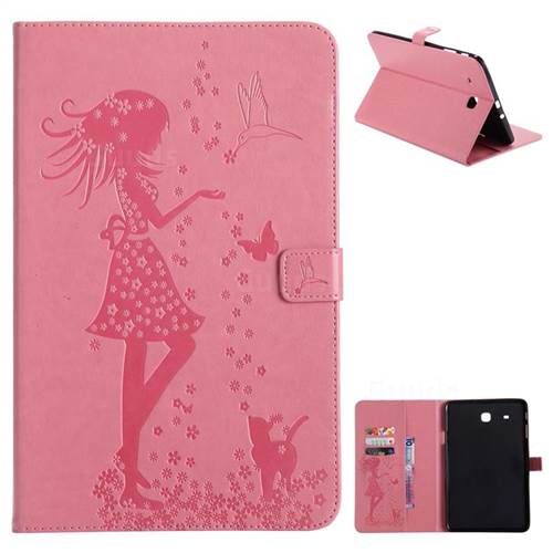 Embossing Flower Girl Cat Leather Flip Cover for Samsung Galaxy Tab E 9.6 T560 T561 - Pink