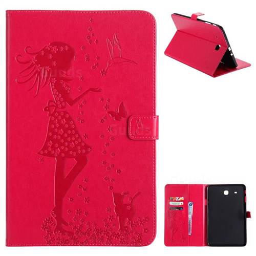 Embossing Flower Girl Cat Leather Flip Cover for Samsung Galaxy Tab E 9.6 T560 T561 - Red