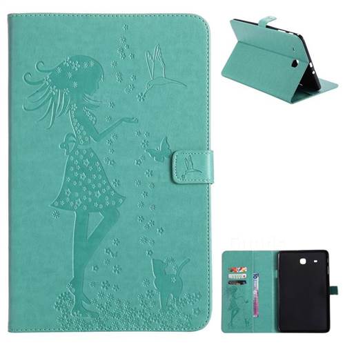 Embossing Flower Girl Cat Leather Flip Cover for Samsung Galaxy Tab E 9.6 T560 T561 - Green