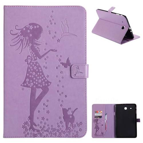Embossing Flower Girl Cat Leather Flip Cover for Samsung Galaxy Tab E 9.6 T560 T561 - Purple