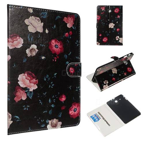 Black Flower Smooth Leather Tablet Wallet Case for Samsung Galaxy Tab E 9.6 T560 T561
