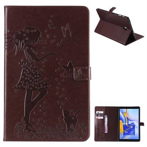 Embossing Flower Girl Cat Leather Flip Cover for Samsung Galaxy Tab A 10.5 T590 T595 - Brown