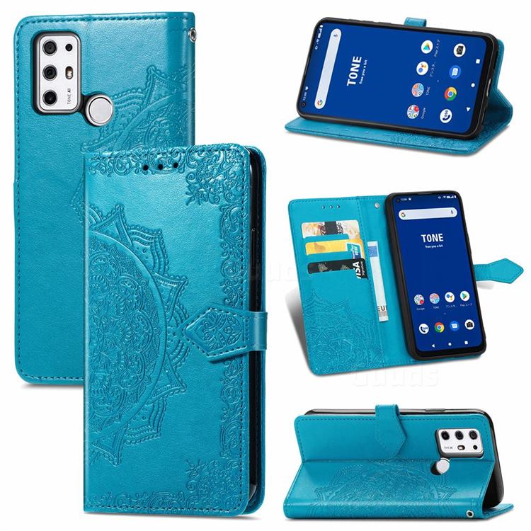 Embossing Imprint Mandala Flower Leather Wallet Case for Tone E21 - Blue